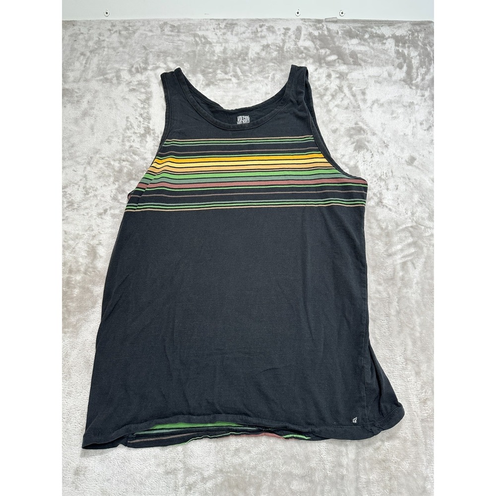 Volcom Men's XL Tank Top Black Retro Striped Surf Skate Beach Sleeveless Shirt